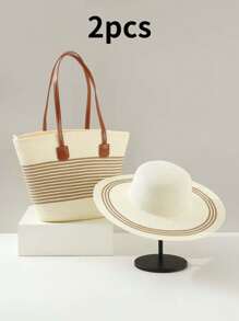 Set de 2 piezas para mujer de sombrero de paja estilo rayado y bolso tipo tote para viajes y uso al aire libre. Sombrero de ala ancha de protección UV para el verano y bolso de hombro espacioso