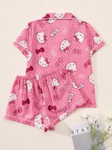 Conjunto de pijama autorizado de Sanrio, 2 piezas, con parte superior de manga corta con cuello en V y botones, estampado de Hello Kitty, y pantalón con lazo, set de pijama de verano, cómodo para uso en casa