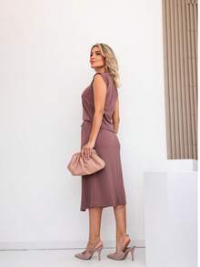 Women's Premium Fleece Midi Skirt Set - 巧克力棕 - 查看 2