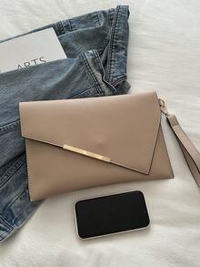Fashionable Solid Color Asymmetrical Flip Cover Hardware Decorative Envelope Handbag, Suitable For Shopping, Wallets, Shopping, Young Women, College Students, Newcomers, And White-Collar Workers. They Are Very Suitable For Offices, Universities, Work, Business, Commuting, Outdoor Activities, Travel, And Outings - Khaki - View 8
