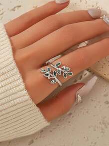 Fashionable Green Rhinestone Personalized Leaf Elegant Creative Open Sterling Silver Ring Valentine's Day Gift