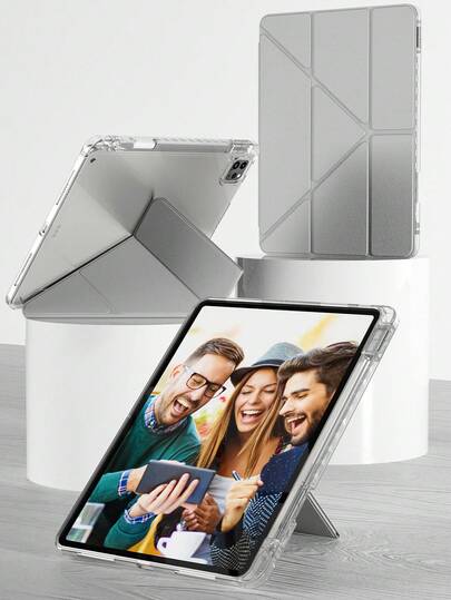 1个透明边框亚克力Y型折叠支架保护壳，兼容iPad 11英寸（A16 2025），多角度支架带笔槽，防刮防弯折亚克力后盖，适用于iPad Air 11英寸（M3）2025，磁吸自动休眠/唤醒，灰色