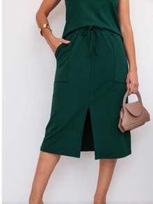 Women's Premium Fleece Midi Skirt Set - 墨綠色 - 查看 4