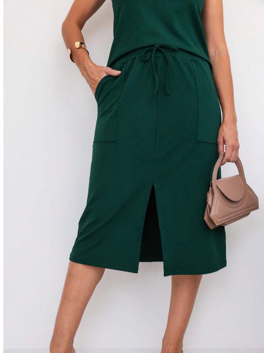 Women's Premium Fleece Midi Skirt Set - Dark Green - View 1