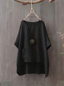Women's Solid Color Asymmetrical Pocket Loose Casual Shirt - Black - View 3