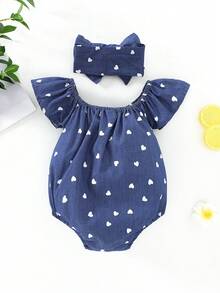 1-18个月女婴无袖牛仔色爱心印花连体衣和发带套装