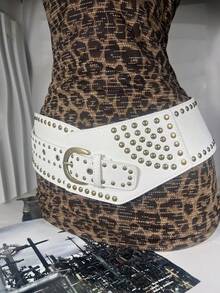 European & American Y2K Chic Spring/Summer New Fluffy Leopard Print & White Full Stud Embellished Wide Ladies Belt, Fashionable Niche Ins-Style High-End Belt Compatible With Skirts, Pants, Coats, Versatile Rivet Extra Wide Waistband Summer, School Fall, Autumn, Halloween - Multicolor - View 17