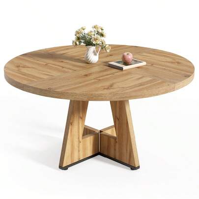 LITTLE TREE Round Dining Table Kitchen Table, 120 Cm Dining Room Tables For 4 People, Farmhouse Dinner Table With Wooden Table Top And Legs (Only Table)