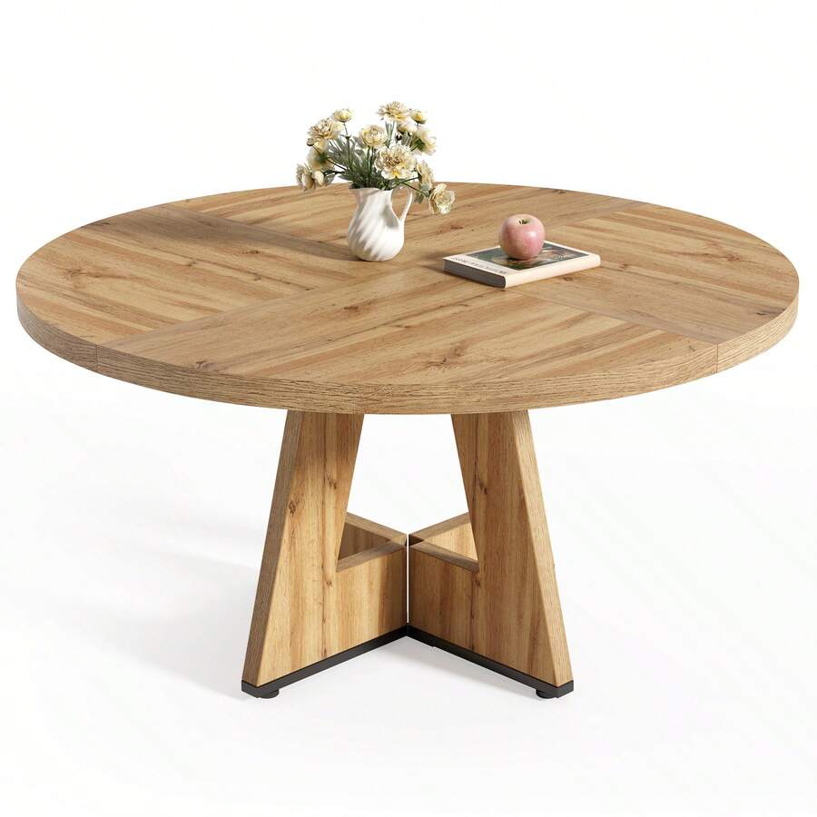 LITTLE TREE Round Dining Table Kitchen Table, 120 Cm Dining Room Tables For 4 People, Farmhouse Dinner Table With Wooden Table Top And Legs (Only Table)