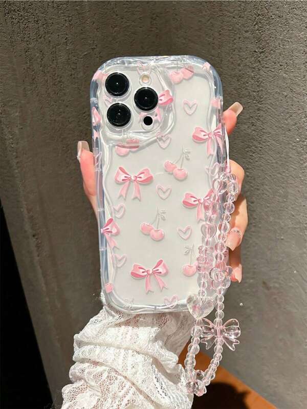 Funda protectora de teléfono a prueba de golpes con borde ondulado y cremoso, de diseño impreso, con acabado transparente de acuarela de cereza y cadena compatible con iPhone 16, 11, 13, 16 Pro Max y Galaxy S23, S24, S25, A13 4G, A22, A21S, A51 4G, A52, S22 Ultra, Redmi 10