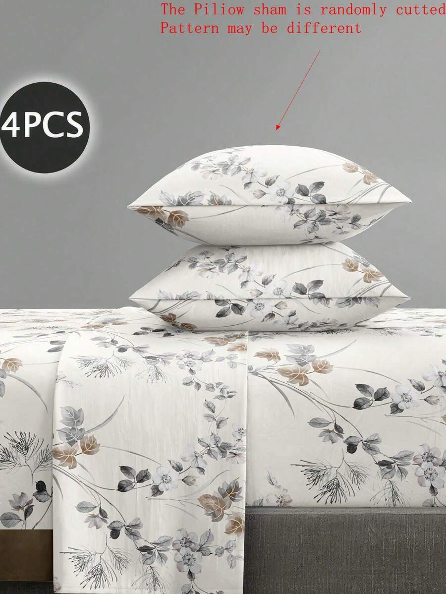 4 bucăți/set Set de cearșafuri cu model de frunze florale de grădină Set de lenjerie de pat moale din microfibră de îngrijire ușoară Set de lenjerie de pat cu flori (1 cearceaf plat+1 cearșaf de pat+2 buc de fețe de pernă)Set de cearșaf de pat King Queen Full TWIN SIZE Buzunar adânc de până la 11,8 inci Față de pernă, moale, respirabilă, pentru hotel de lux, cadou pentru dormit Prietene