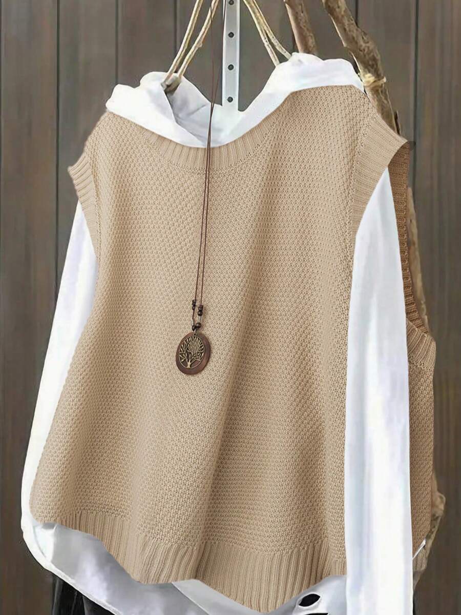 Áo len dệt kim cổ tròn màu trơn thường ngày cỡ lớn - Màu Khaki - Xem 1