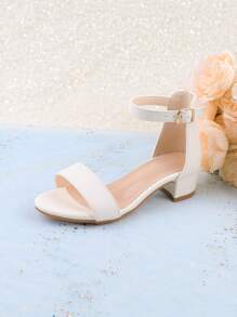 Sandalias de tacón alto blancas para niñas/niños, de tacón grueso y punta abierta, de moda, adecuadas para vestidos de verano, zapatos para niña de flores para bodas y fiestas, zapatos lindos para princesa para niños pequeños/niños pequeños/niños mayores