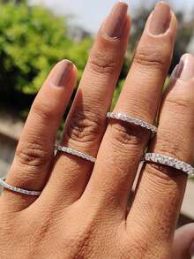 1pc 1.4-1.8mm Round Cut Wedding Ring, Semi-Eternity Ring, Full Circle Pave Diamond Stackable Ring, Single Claw Set Wedding Band - Silver - View 4