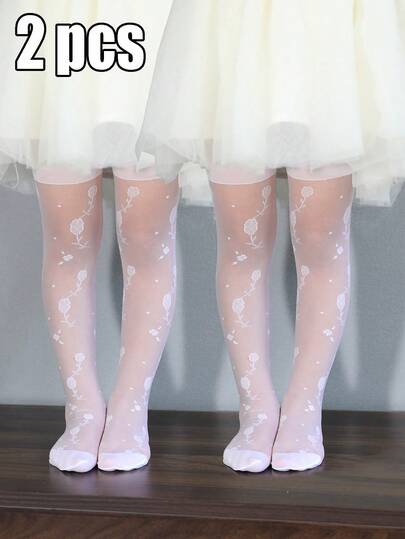 2pcs Baby/Toddler Girl Floral Patterned Thin, Highly Elastic Tights, Suitable For Year-Round Wear And Outerwear