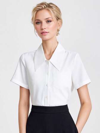 女士白色短袖休闲衬衫，修身薄款衬衫，2025 年夏季新款