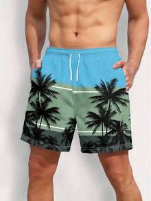 男士休闲时尚 3D 印花海滩度假抽绳腰沙滩短裤 - 藍色 - 查看 4