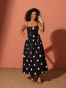 女士优雅圆点印花后蝴蝶结装饰节日连衣裙