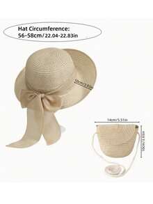 2 Pieces Set: Women's Bow Wide Brim Sun Hat And Cross-Body Bag, Summer Sun Protection Beach Hat With UV Protection - Multicolor - View 7