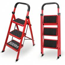 Plegable de 3 Peldaños, Escalera Tubular, Taburete Portátil con Pedal Ancho Antideslizante, Escalera para Hogar, Oficina, Cocina, Garaje, Interior y Exterior - Rojo - Ver 1