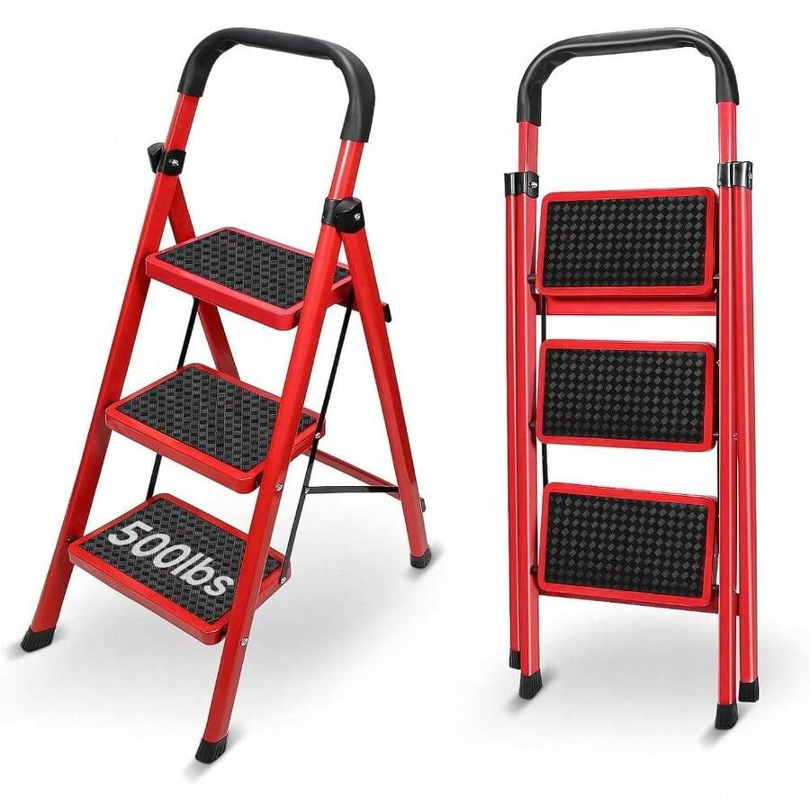 Plegable de 3 Peldaños, Escalera Tubular, Taburete Portátil con Pedal Ancho Antideslizante, Escalera para Hogar, Oficina, Cocina, Garaje, Interior y Exterior - Rojo - Ver 1