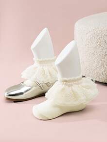 1/5 双女孩米色休闲荷叶边蕾丝边袜，透气公主风格舞蹈袜适合日常穿着、返校、舞蹈表演、春夏 - 米色 - 查看 5