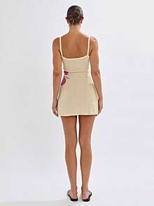 Women Summer Mini Cami Dress Sleeveless Open Back Knit Floral Spaghetti Strap Dress - Yellow - View 8