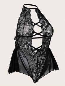 Plus Size Women Sexy Lingerie High Neck Teddy Lace Sleepwear With Tie Closure - Black - View 6