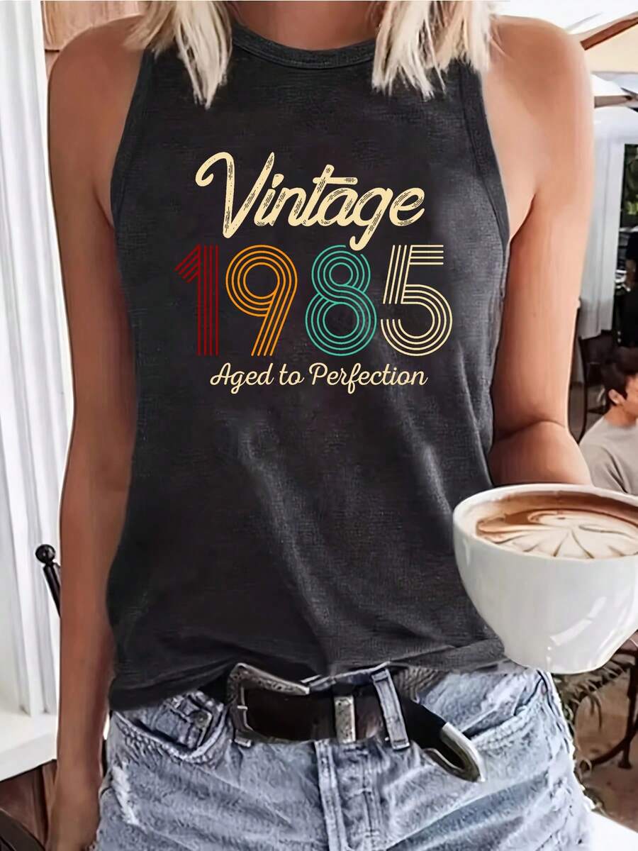 Áo ba lỗ cổ tròn họa tiết sinh nhật năm 1985, thường ngày mùa hè - Màu xám đen - Xem 1