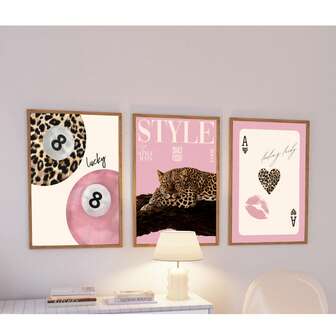 1/3 Pintura de pared con estampado de leopardo/guepardo, pintura en lienzo con patrón de bola 8 de la suerte, póster rosado femenino, pintura decorativa elegante adecuada para dormitorio, sala de estar o dormitorio, regalo para ella, marco no incluido