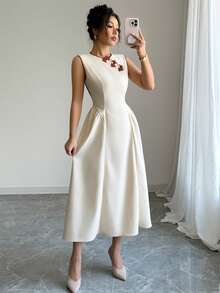 Women's Retro Solid Color Sleeveless Stand Collar Patchwork Button Front Pleats Hem Summer Long Dress - Apricot - View 4