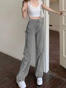 女式高腰宽松直筒破洞牛仔裤，修身显瘦