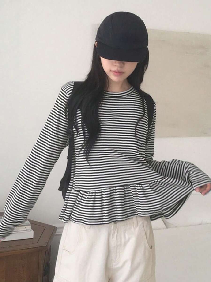 Gyaru Fashion 春季条纹圆领长袖修身学院风女式 T 恤，春/秋 - 黑白條紋 - 查看 1