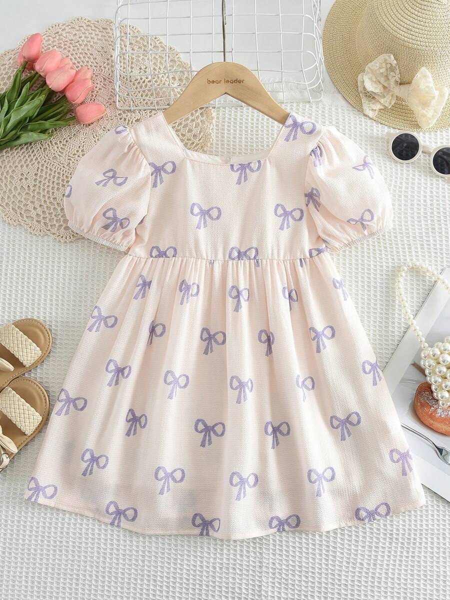 Vestido corto de manga corta con estampado de moños lindo para niñas pequeñas en verano - Morado - Ver 1