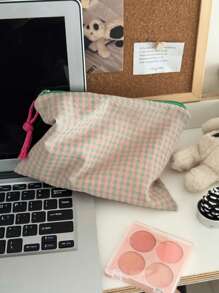 Bolsa de maquillaje con estampado de cuadros en contraste, bolsa con cremallera de tela suave, bolsa de almacenamiento con patrón de cuadros minimalista, versátil para el hogar, viajes, artículos esenciales para mujeres, artículos esenciales para viajes, bolsa de viaje, accesorios de viaje, suministros escolares de vuelta al colegio y regalos de graduación