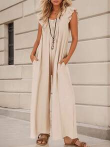 tooluck Women's Loose Casual V-Neck Sleeveless Wide Leg Pants Overalls Jumpsuit With Pockets Beige - 米色 - 查看 1