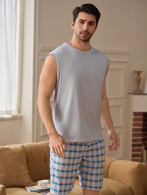 Casual Minimalist Sleepwear For Men, Lightweight & Breathable Tank Top & Shorts Pajama Set, Fashion Teenager Homewear, Summer