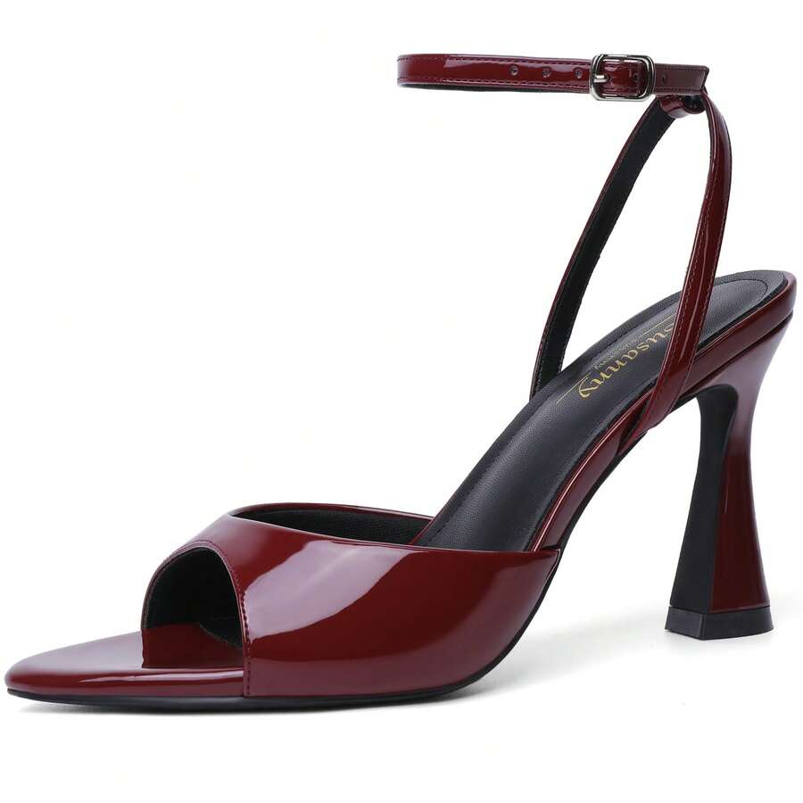 Susanny High Heels For Women Pointed Open Toe Strappy Chunky Block Heels Ankle Strap Stiletto Kitten Heeled Sandals Wedding Bridal Party Prom Sexy Dress Shoes - 酒紅色 - 查看 1