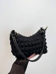 1pc Solid Color Chiffon Polyester Zipper Fashion Crescent Shoulder Bag, Suitable For Women Daily Use - Black - View 6