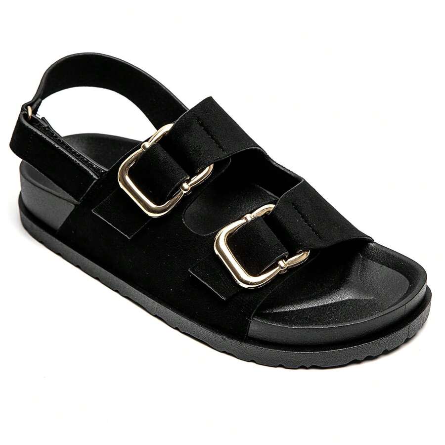 Double Buckle Flat Sandals With Adjustable Back Strap – Comfortable Style - Black - View 1