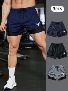 Set de 3 pantalones cortos hombre casuales, de dos capas, para fitness, running y deportes al aire libre