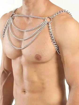 1 件男士细身链项链，凸显胸肌性感街头服饰，朋克摇滚风格颈链，派对服装配饰