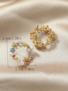 1 Pair Fashionable Rhinestone Flower Round Stud Earrings, Suitable For Daily Wear - Multicolor - View 3