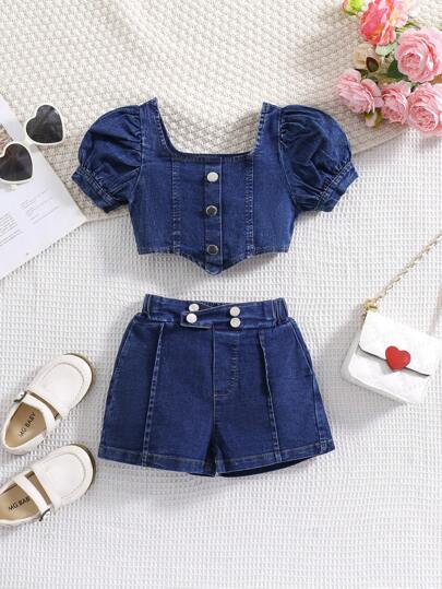 Young Girl Denim Set - Puff Sleeve Top + Multi-Button Denim Shorts
