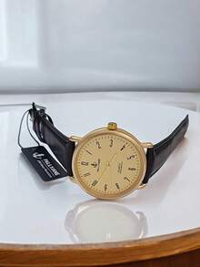 Relógio Minimalista Masculino Social Elegante Pulseira de Couro Mostrador Dourado - Dourado - Visão 5