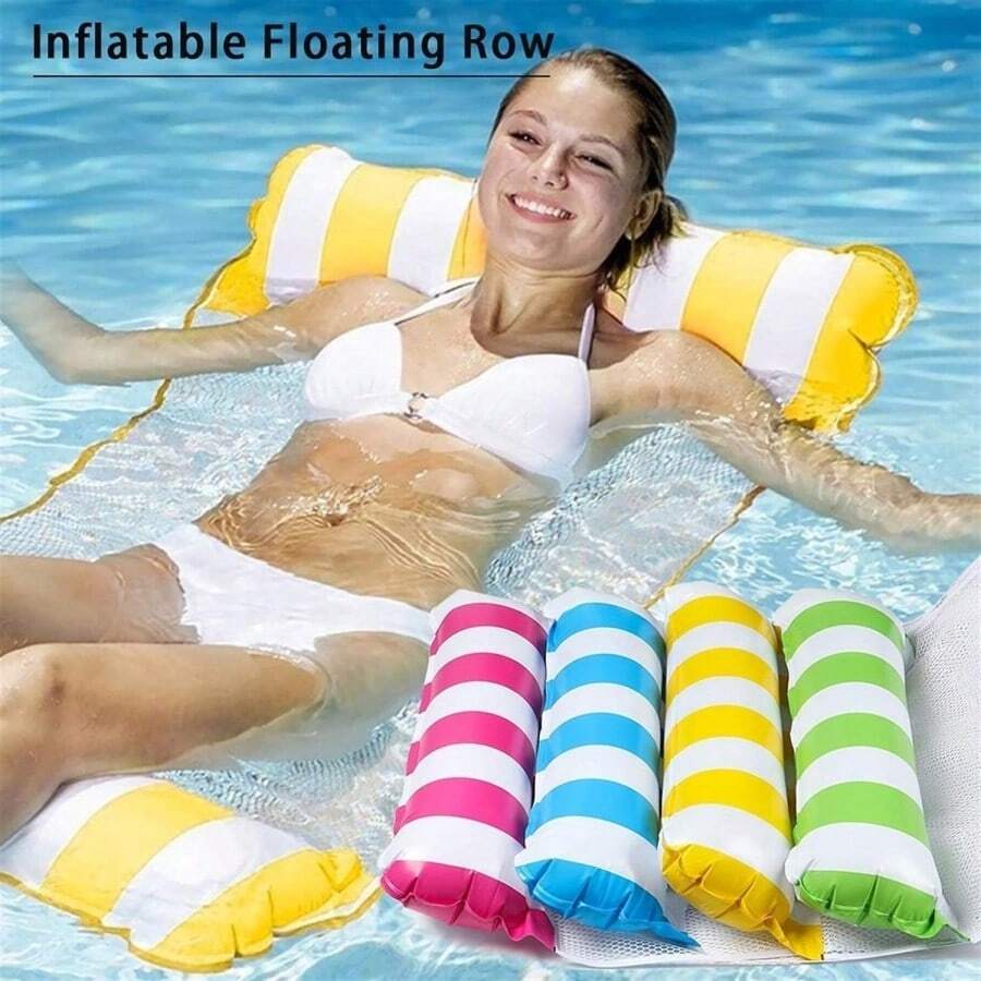Foldable Striped Inflatable Lounger For Pool Party And Beach Leisure Floating Bed With Mesh Backrest (Air Pump Color Random) - Multicolor - View 1