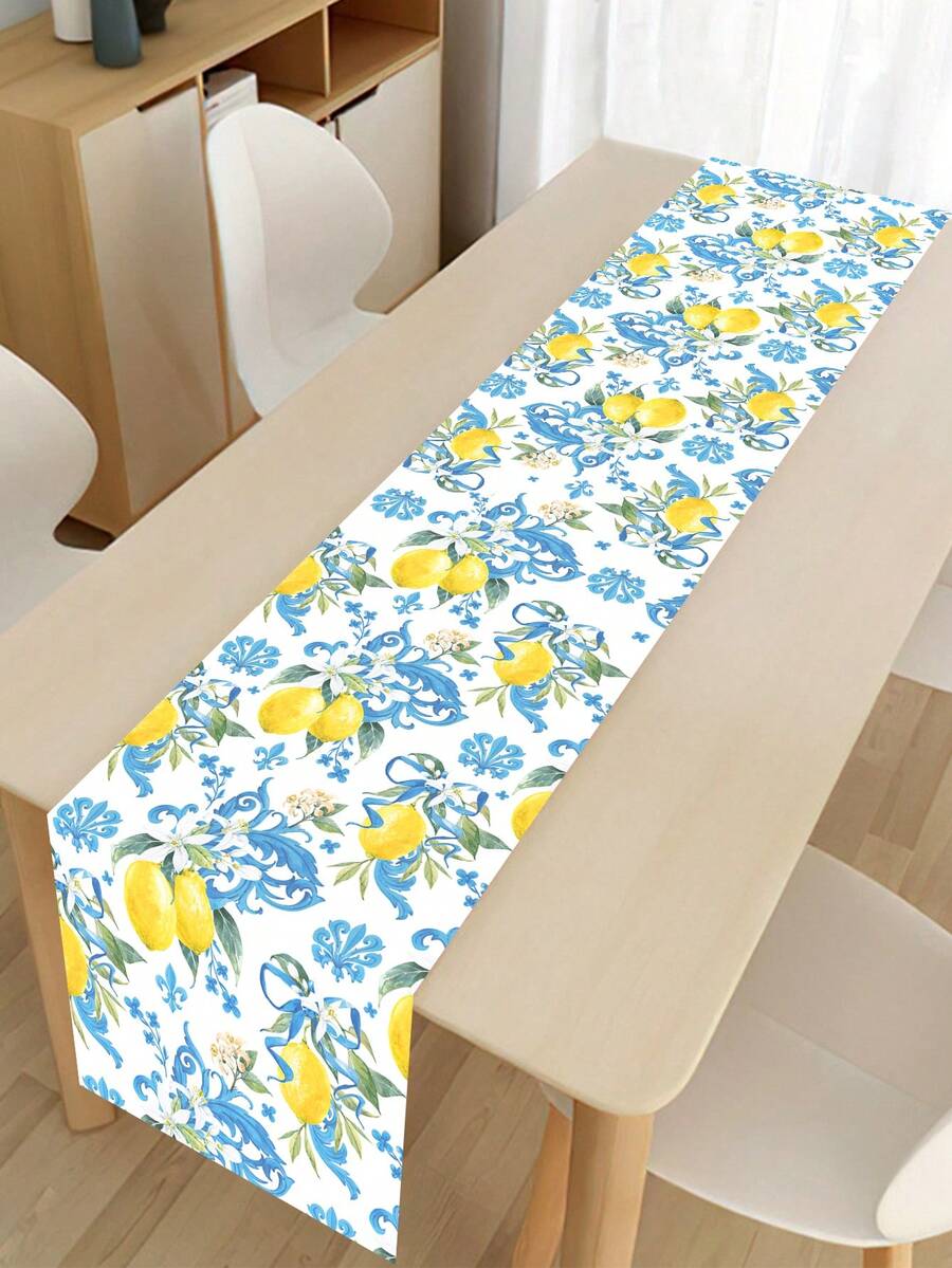1pc Lemon Pattern Table Runner, Eucalyptus Leaf Lemon Daisy Print, Rectangular Farmhouse Style Home Kitchen Decor Tablecloth, Minimalist And Elegant, Suitable For Home Kitchen Decor, Event Party Decor, Summer Decor - Lemon B - View 1
