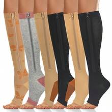1Pair Of Copper Compression Socks Mid Calf Open Toe Knee Elastic Compression Zipper Socks 20-30mm Level Compression Unisex Suitable For Yoga Pilates Home Sports Fitness - Multicolor - View 1