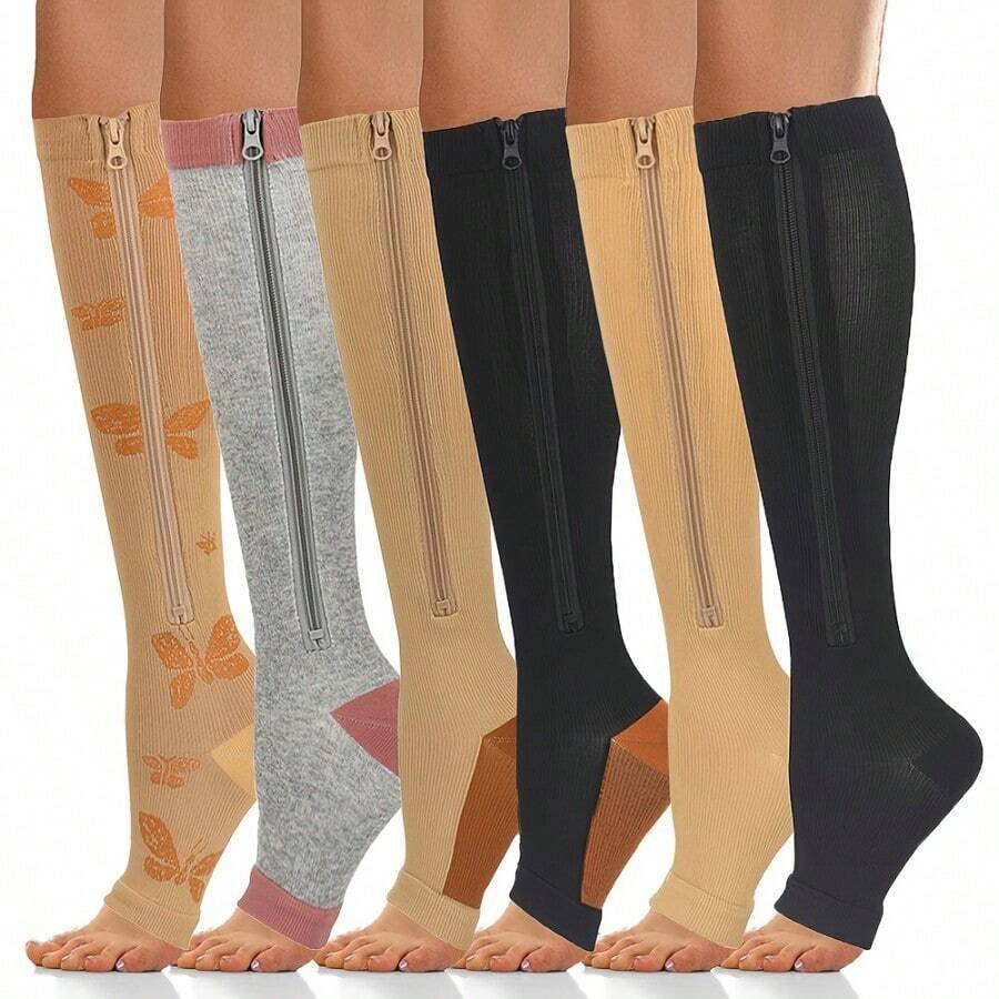 1Pair Of Copper Compression Socks Mid Calf Open Toe Knee Elastic Compression Zipper Socks 20-30mm Level Compression Unisex Suitable For Yoga Pilates Home Sports Fitness - Multicolor - View 1