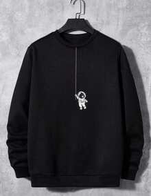 Sudadera de manga larga con estampado de astronauta pequeño - Cuello redondo cómodo, ideal para deportes al aire libre, estilo para todas las estaciones - Negro - Ver 1